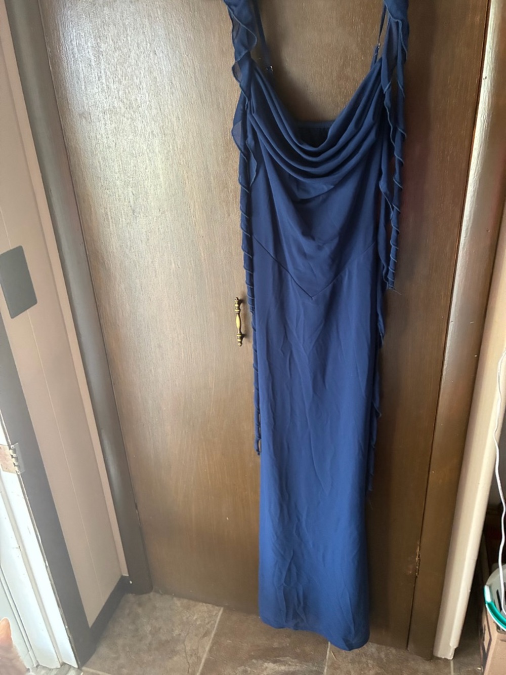Navy Blue Draped Cowl Neck Maxi Dress